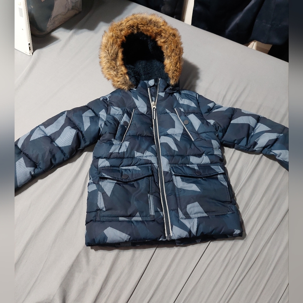 Members Marks Blue Camouflage Hooded Jacket with Faux Fur Trim